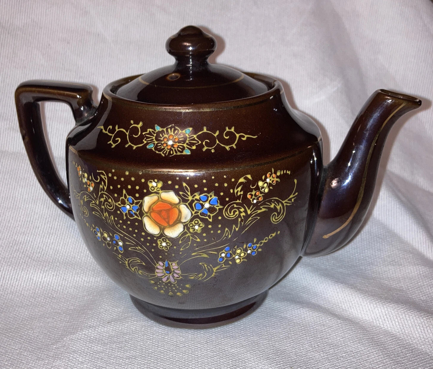 Brown Ceramic Tea Pot with Lid - Gold Trim Enameled Flowers 5 1/2" Made inJapan