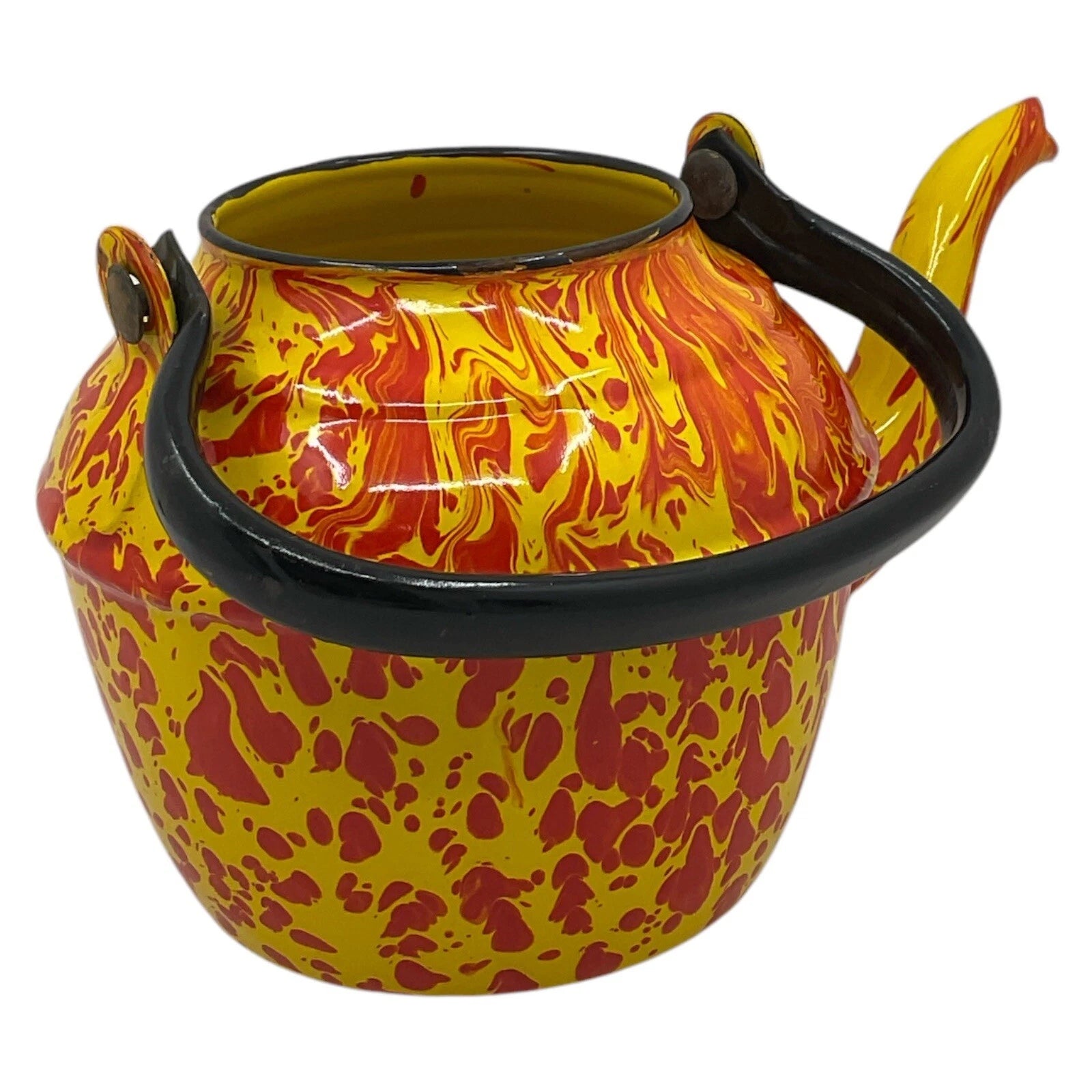 Orange Yellow Tea Pot Kettle Vntg Enamelware Splatter Swirl Graniteware No Lid