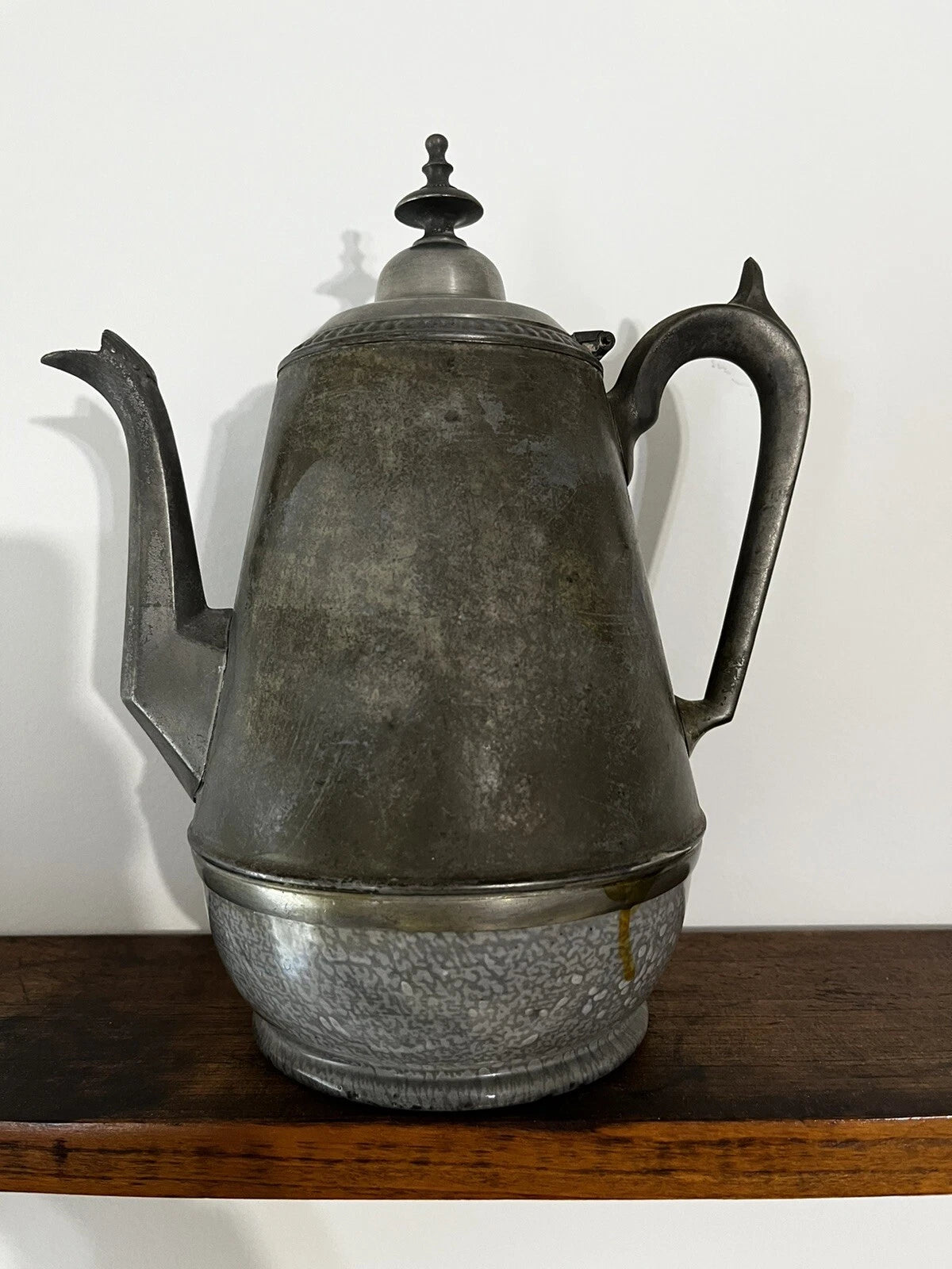 Antique Gray Graniteware Pewter Tea Pot Enamelware c1880