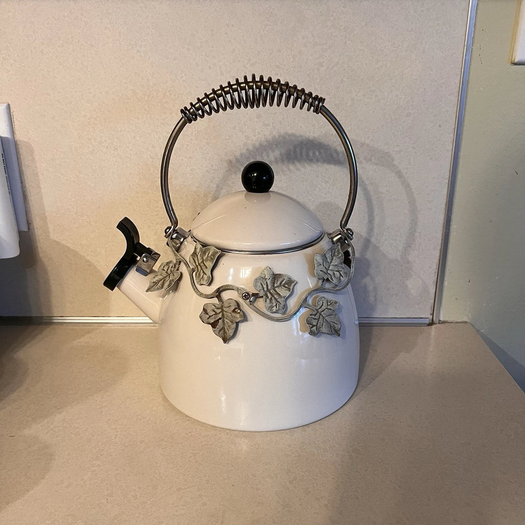 Enamel Whistling Tea Kettle Via Ancona White Ivory, Green Knob Ivy Garland