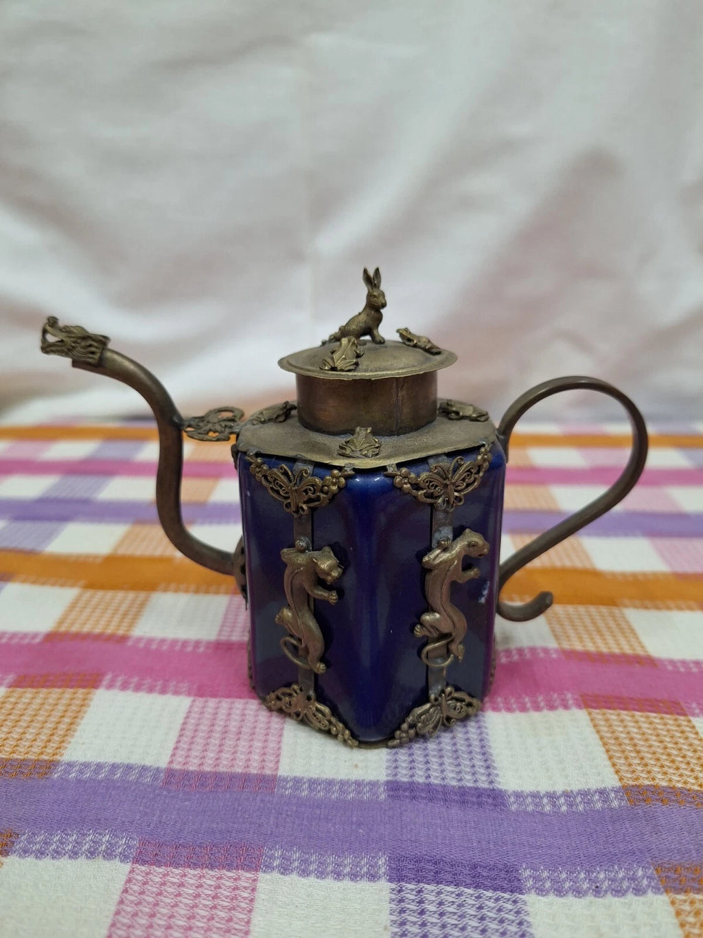 Vintag Tibetan/Chinese Brass Blue Enamel Rabbit , Tiger , Frog Teapot