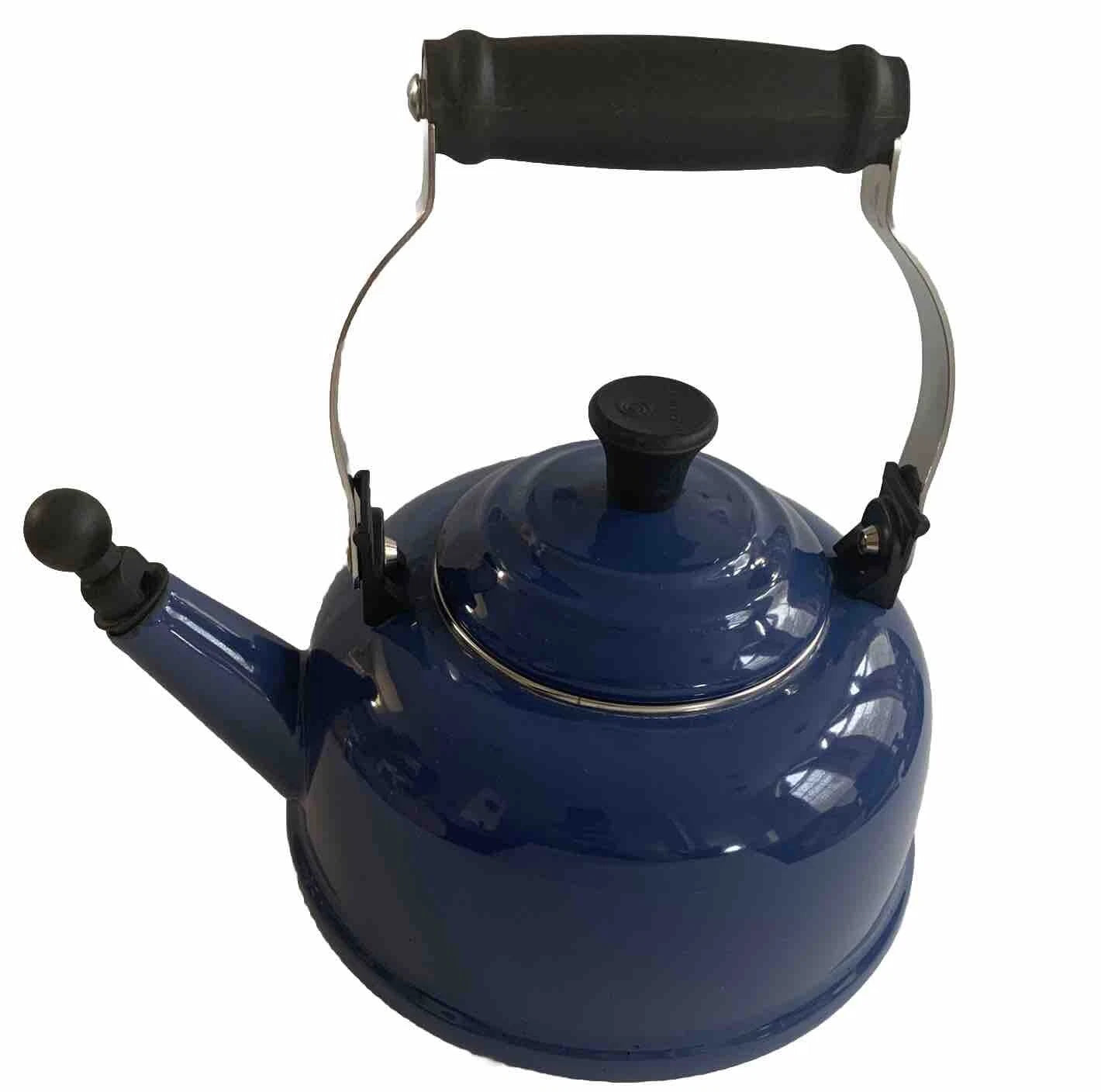 Le Creuset Whistling Tea Kettle Blue 1.6 Liter 1.7 Quart Enamel Steel Small Chip