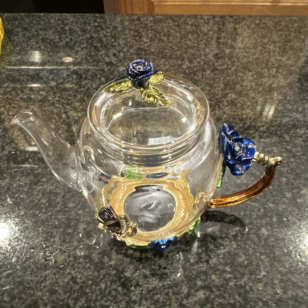 Teffania Teapot Handcrafted Crystal Glass W Blue Roses And Rhinestons 12 OZ