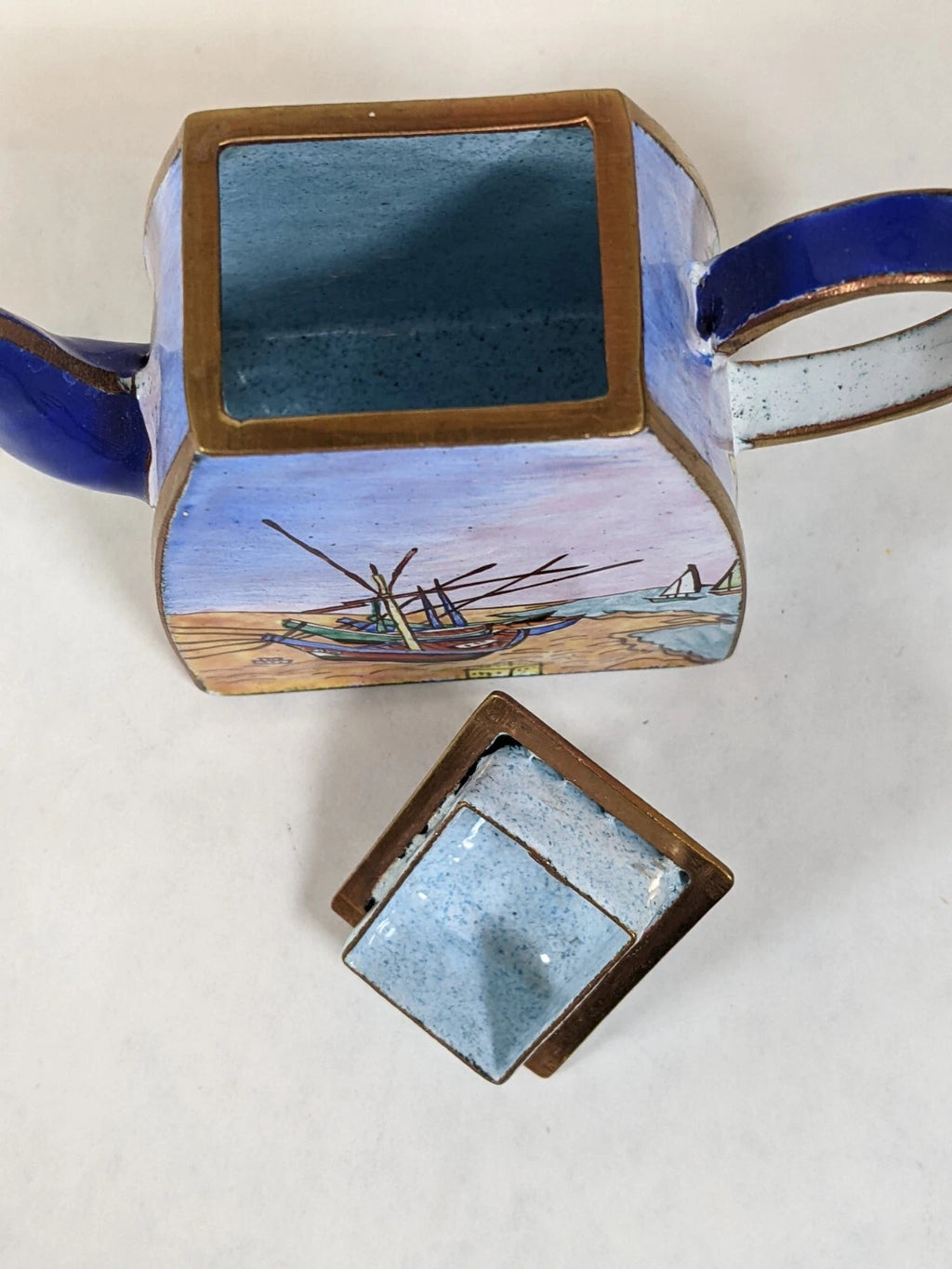 Kelvin Chen Handpainted Miniature Enamel Tea Pot brass boat scene