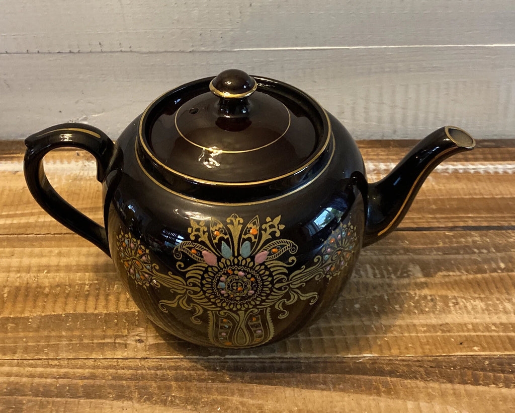 Vintage Gibson & Sons Marina Teapot w/ Lid Black Gold Enamel Burslem England