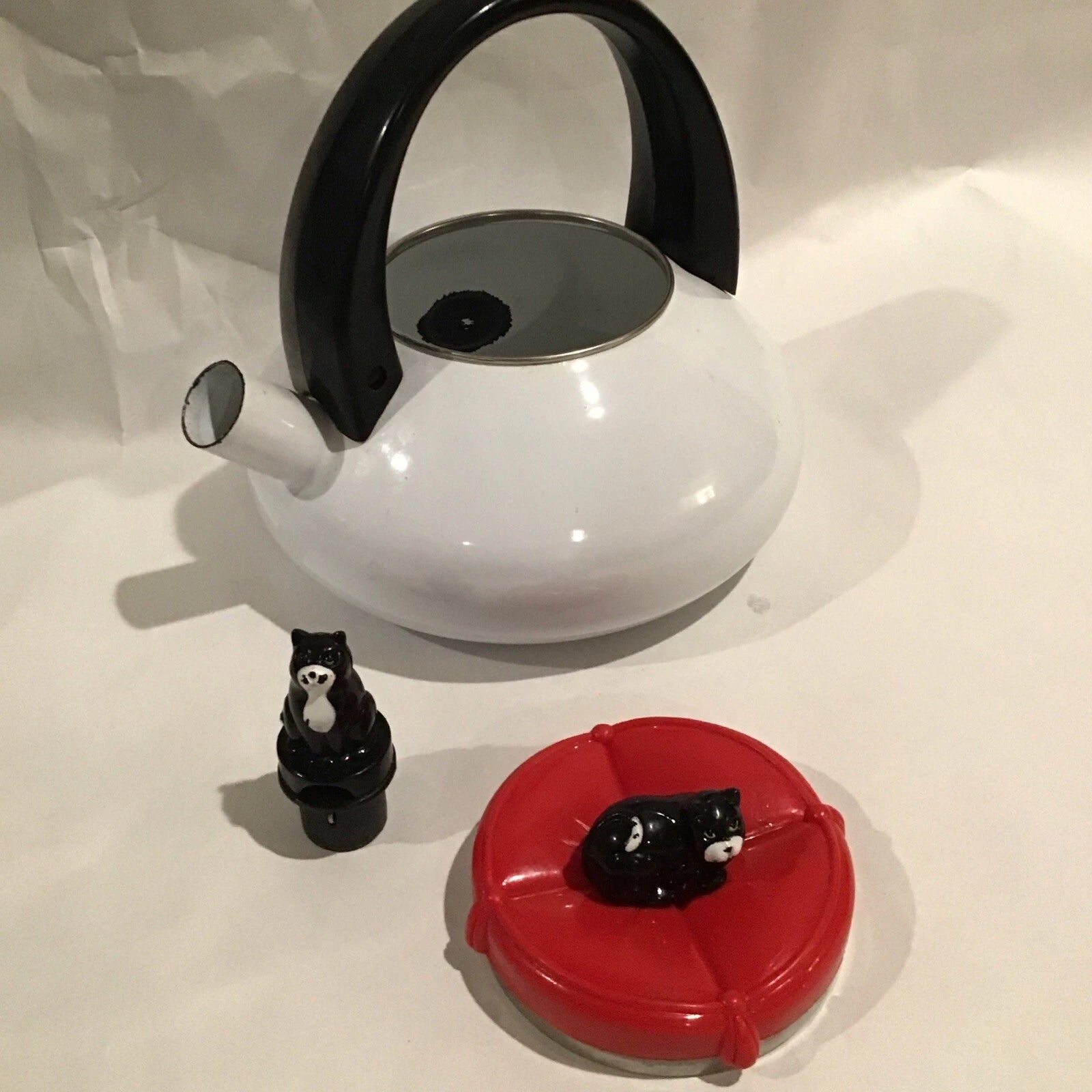 Red And White Enamel Kitty Cat Tea Kettle W/ Small Repair - Discounted