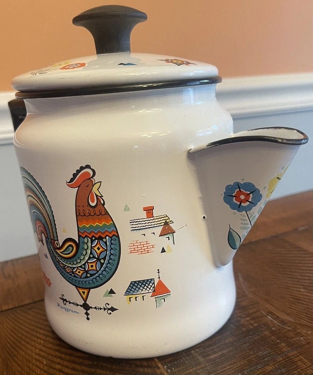 Vintage BERGGREN Enamel Coffee Pot Swedish Rooster Kettle Farm Flowers