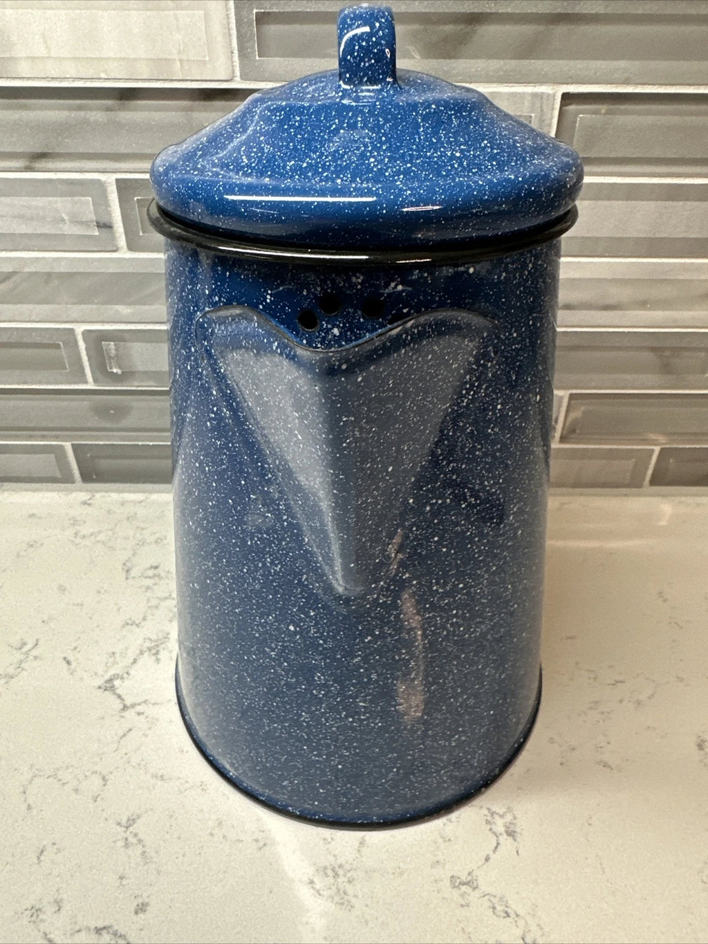 Vintage blue and white speckled enamel coffee/tea kettle 8” hiking camping RV