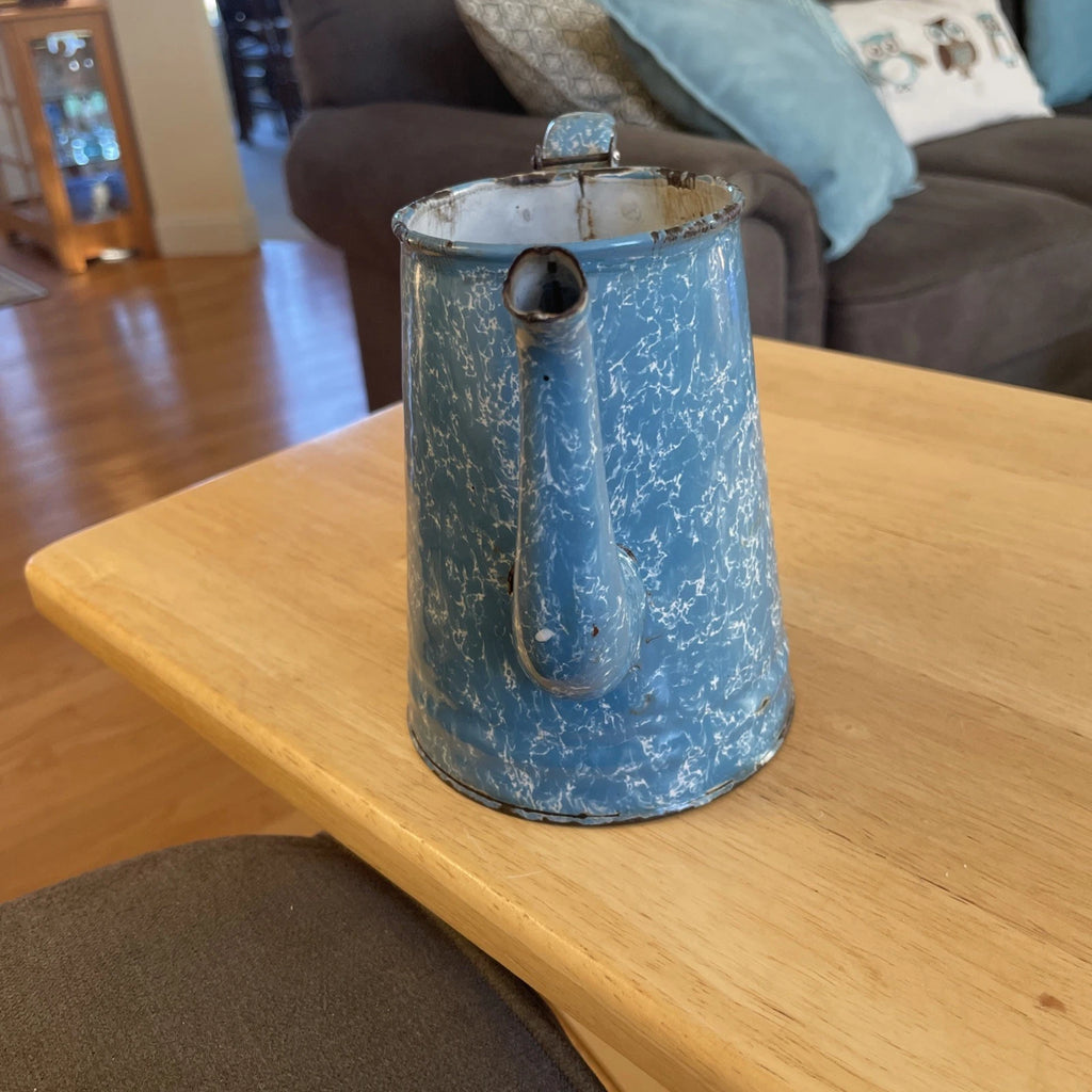VTG Robin Egg Blue Splatter Swirl Graniteware Enamelware 6” Teapot No Lid
