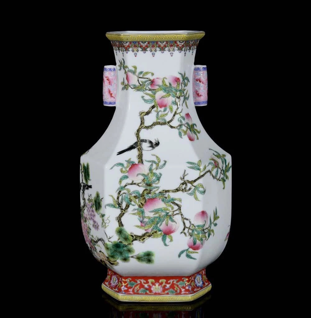 30CM Yongzheng Signed Old Chinese Colour Enamel Vase W/peach N3423