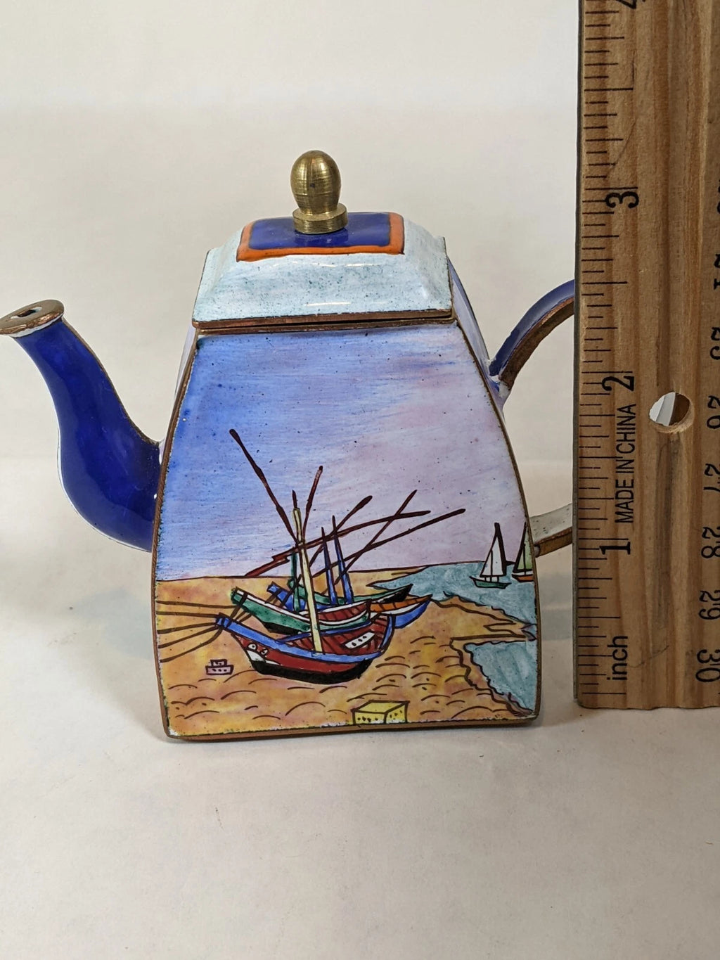 Kelvin Chen Handpainted Miniature Enamel Tea Pot brass boat scene