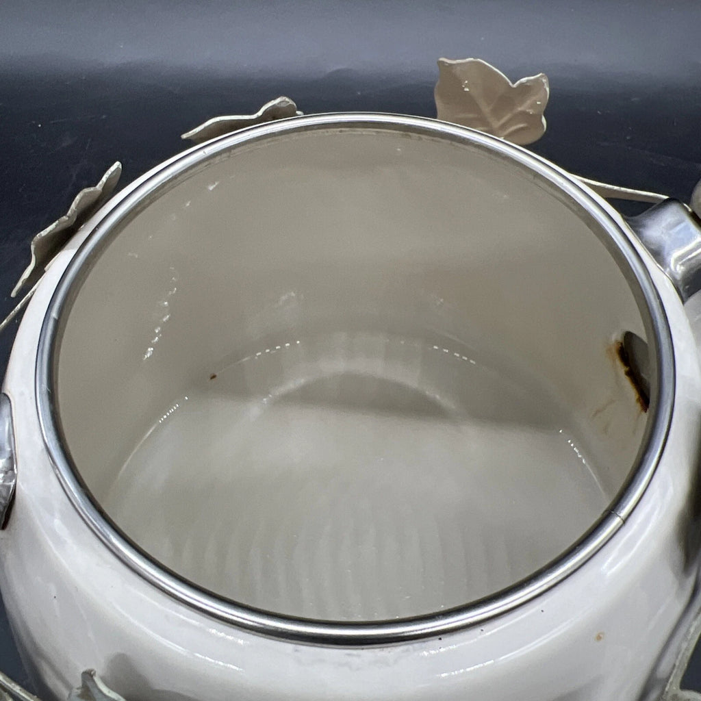 VTG Via Ancona White Enamel Whistling Tea Kettle Ivory, Green Knob Ivy Garland