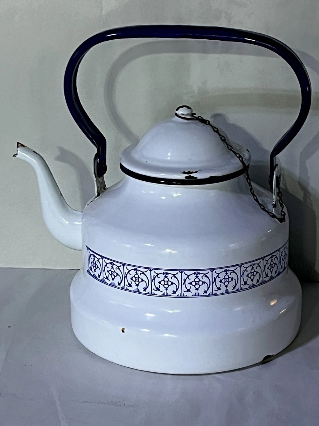 Vintage French Country Enamel tea kettle, "Copenhagen" 1960s Blue White Bistro