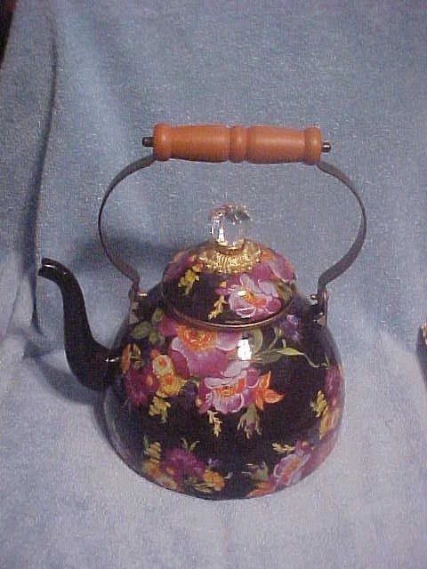 MacKENZIE CHILDS 3 QT BLACK FLOWER MARKET TEA KETTLEMINT