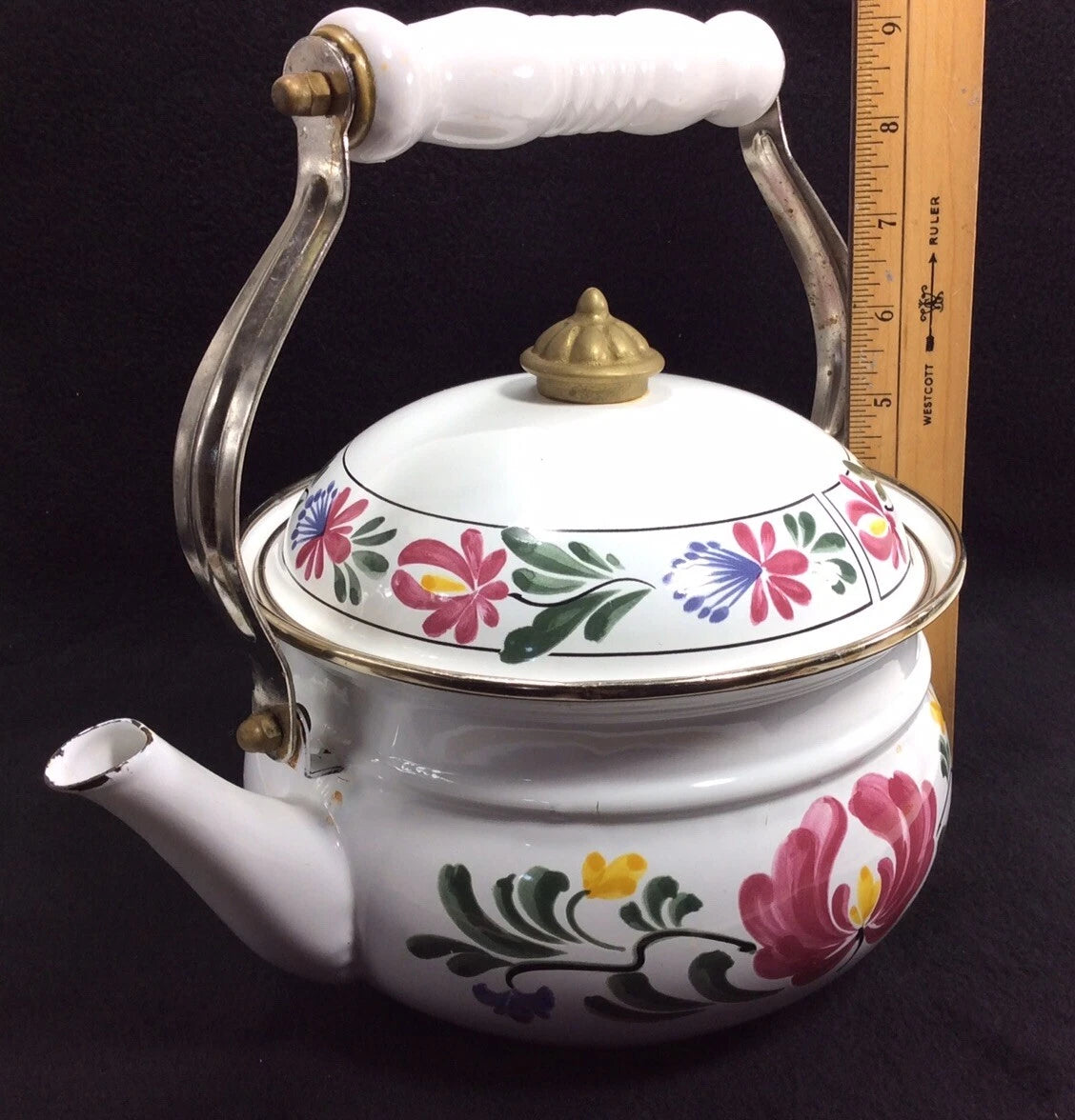 Vintage Enameled Metal Floral Teapot / Kettle Ceramic Handle + Brass Knob