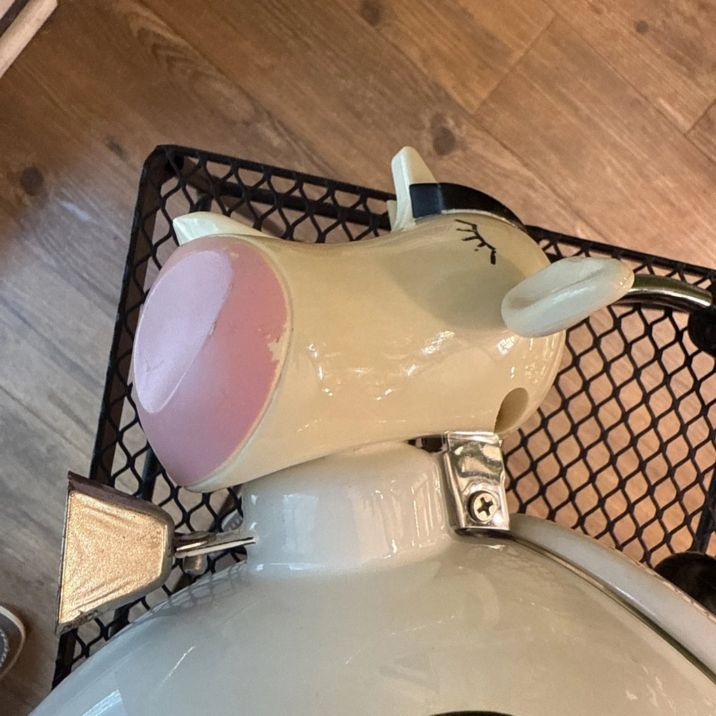 Vintage M Kamenstein Black White Cow Whistling Tea Kettle Teapot