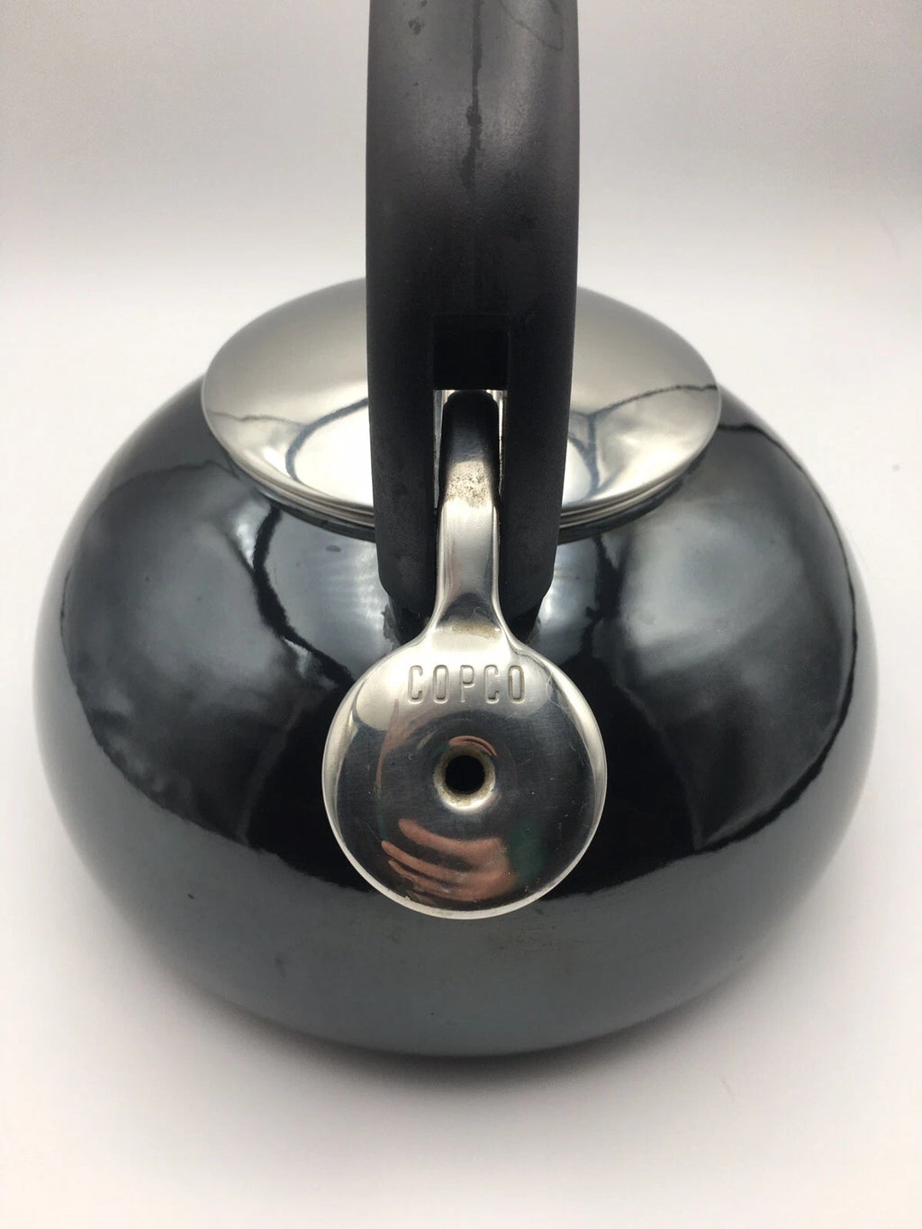 COPCO 2qt Black Enamel Whistling Teapot Kettle Chrome Top Mid Century Modern MCM