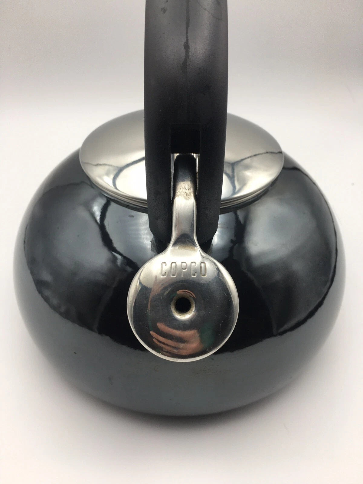 COPCO 2qt Black Enamel Whistling Teapot Kettle Chrome Top Mid Century Modern MCM
