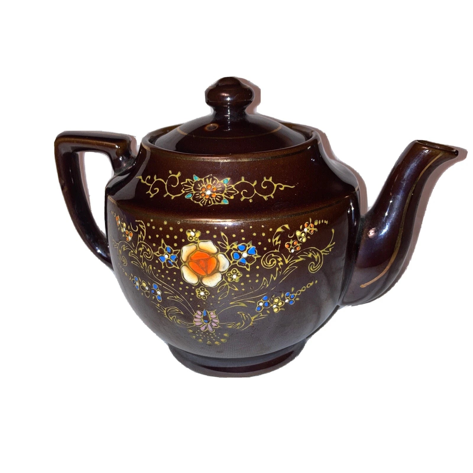 Brown Ceramic Tea Pot with Lid - Gold Trim Enameled Flowers 5 1/2" Made inJapan