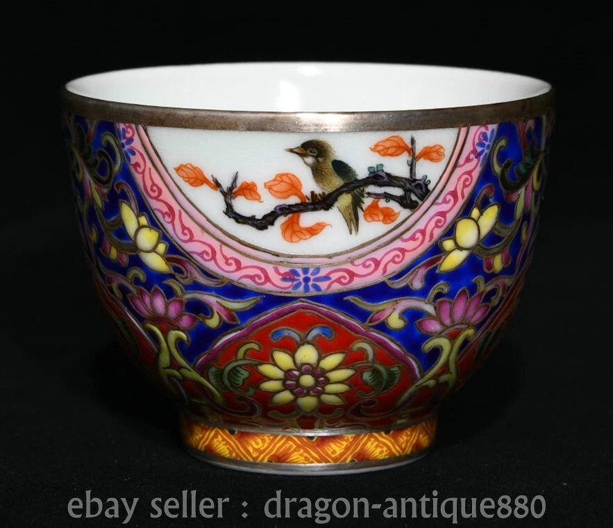 3" Ancient China Qianlong Marked Colour Enamel Porcelain Flower Bird Taecup Pair