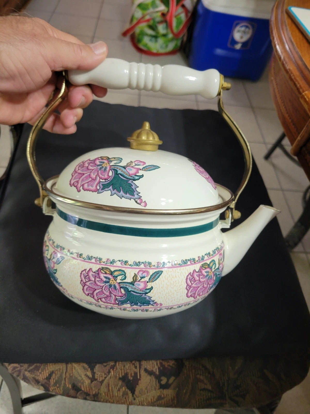 1990s Floral Enamel Tea Kettle, w Brass & ceramic Handle, Preferred stock Taiwan