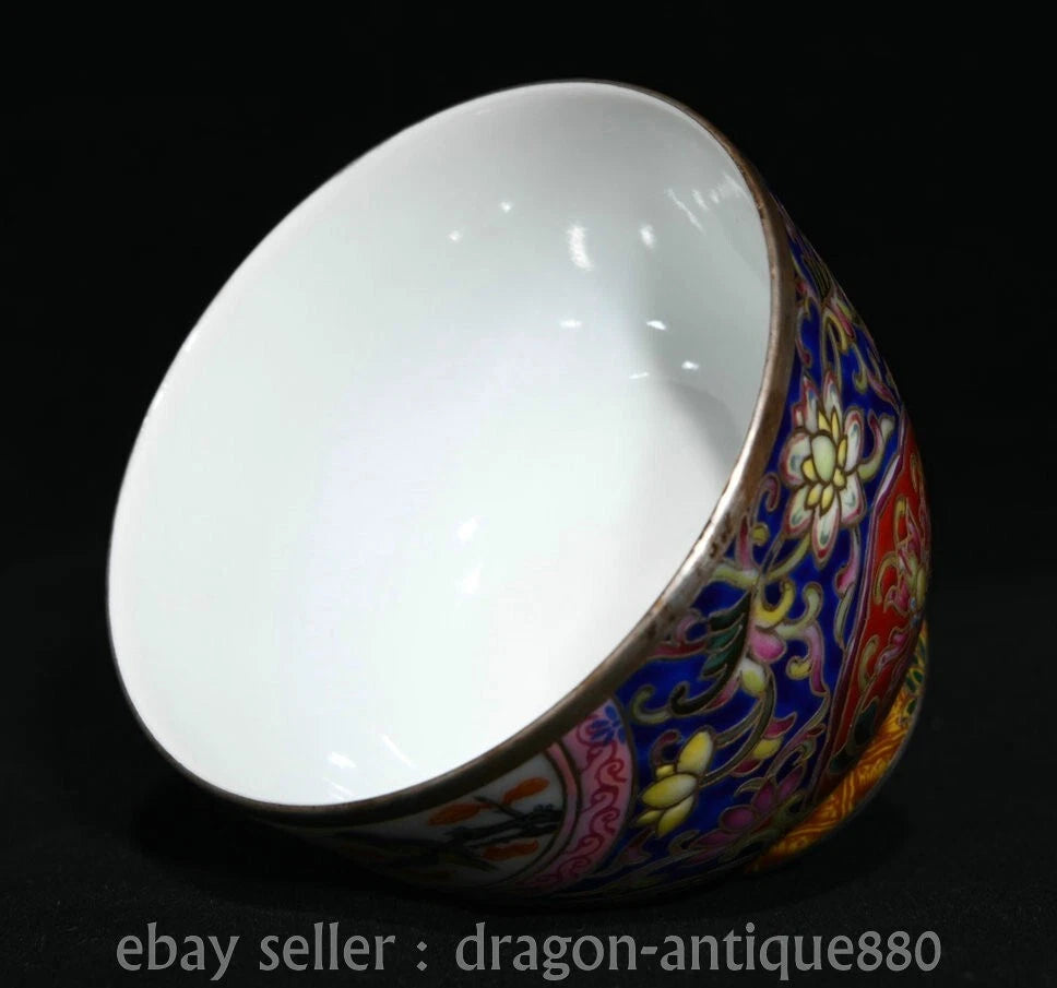 3" Ancient China Qianlong Marked Colour Enamel Porcelain Flower Bird Taecup Pair