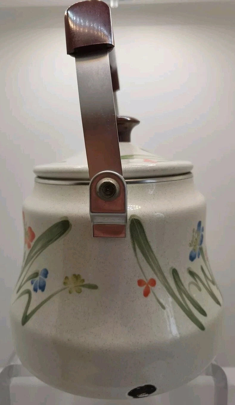 Vintage Tea Kettle, Floral Enamel on Steel Tea Kettle