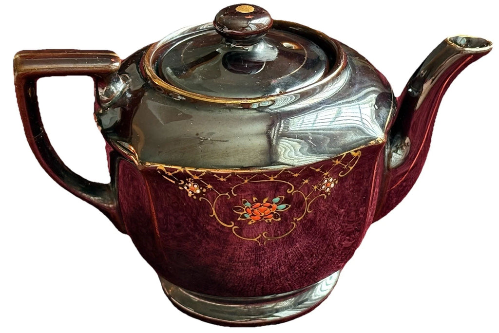 Vtg Japanese Redware Teapot Brown Betty Moriage Enamel Hand Painted Deco 2 Chips