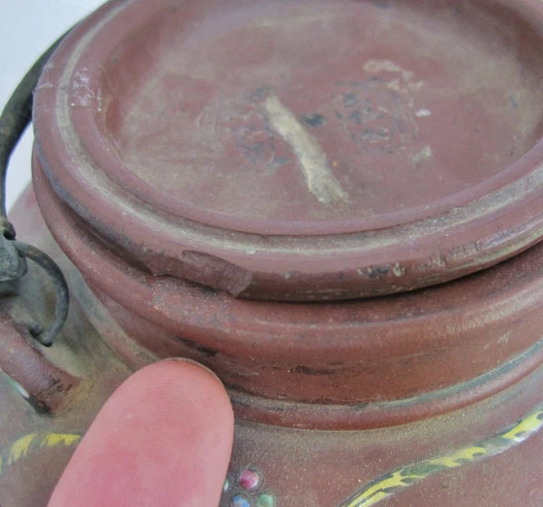 Big 7.7" Old Chinese YIXING Clay Teapot w/ Enameled Bird, Flowers & Dignitaries