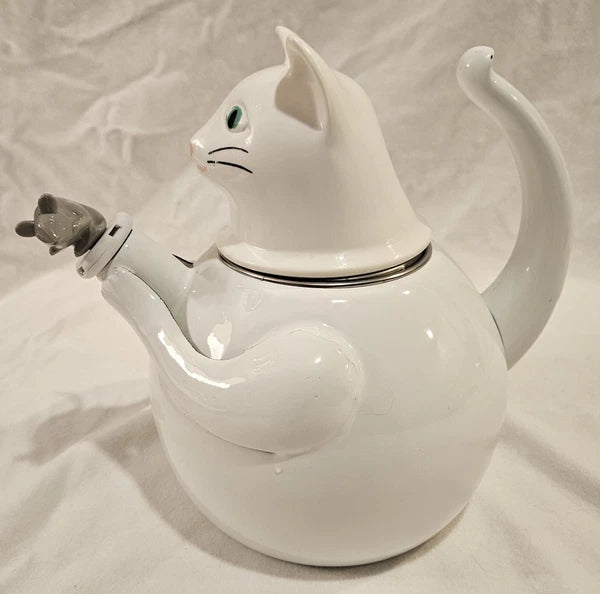 Vintage 1980s Copco White Cat and Gray Mouse Enamelware 2 ½ QT Tea Kettle