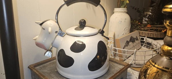 Vintage M Kamenstein Cow Tea Kettle Enamel Whistling Teapot