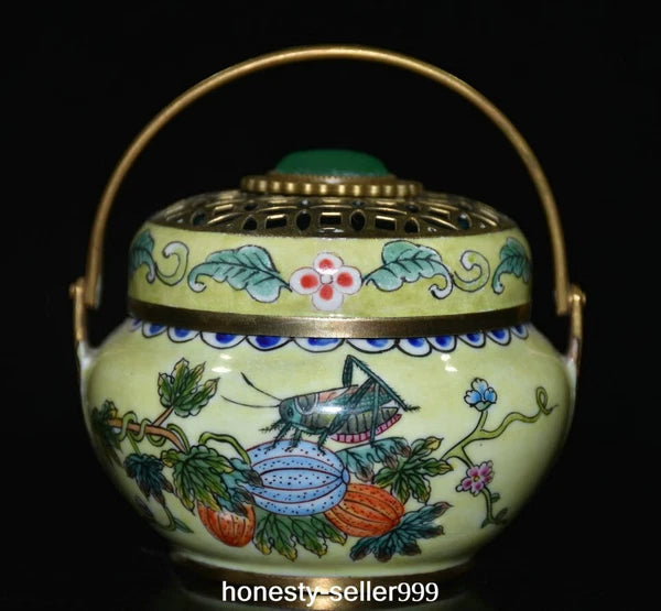 Qianlong Cloisonne Enamel Gilt Grape Insect Handle Wine Teapot Flagon Statue