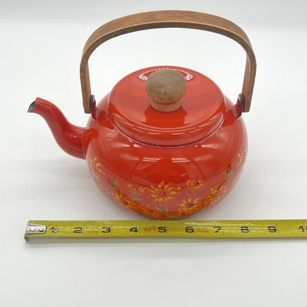 Boho Style VTG Enamel Tea Kettle Red Orange w Daisies & Teak Handle *DECOR ONLY*