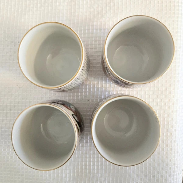 Vtg Porcelain Loose Leaf Teapot 4 Cups Oriental Design People Bamboo Handle