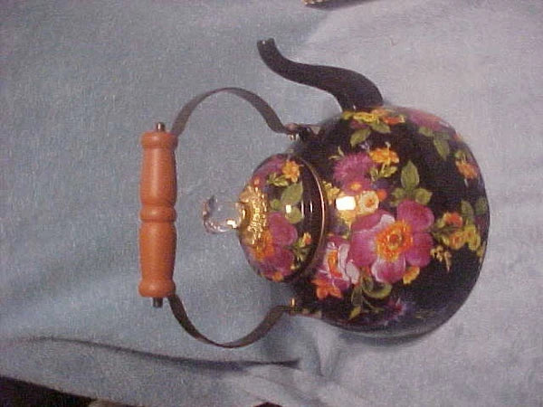 MacKENZIE CHILDS 3 QT BLACK FLOWER MARKET TEA KETTLEMINT