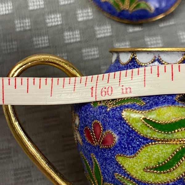 Vtg Miniature Cobalt Blue Enamel Gilded Cloisonne Floral Metal Back Teapot & Lid