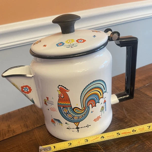 Vintage BERGGREN Enamel Coffee Pot Swedish Rooster Kettle Farm Flowers