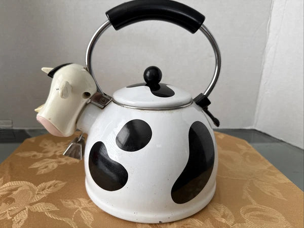 Vintage MM Kamenstein Black White Cow Whistling Tea Kettle Teapot, 1992