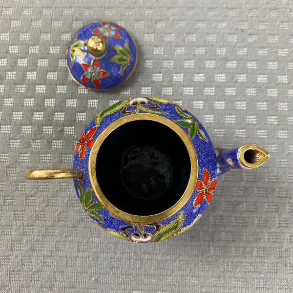 Vtg Miniature Cobalt Blue Enamel Gilded Cloisonne Floral Metal Back Teapot & Lid