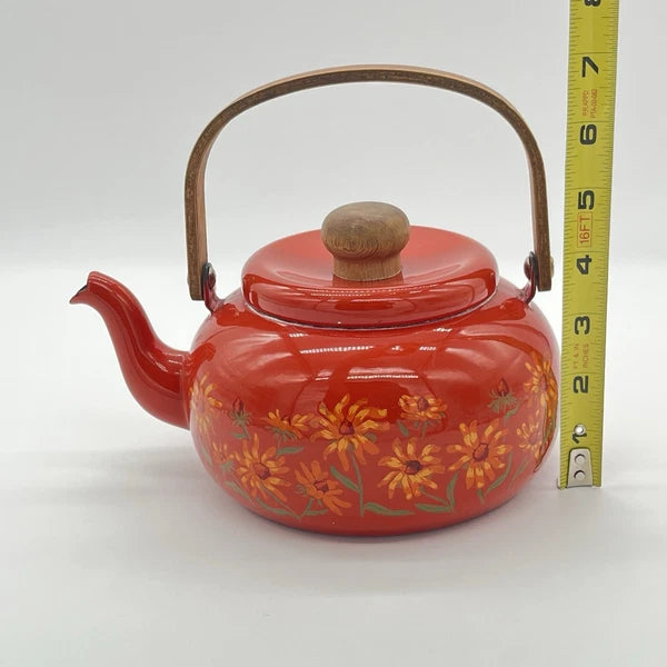 Boho Style VTG Enamel Tea Kettle Red Orange w Daisies & Teak Handle *DECOR ONLY*
