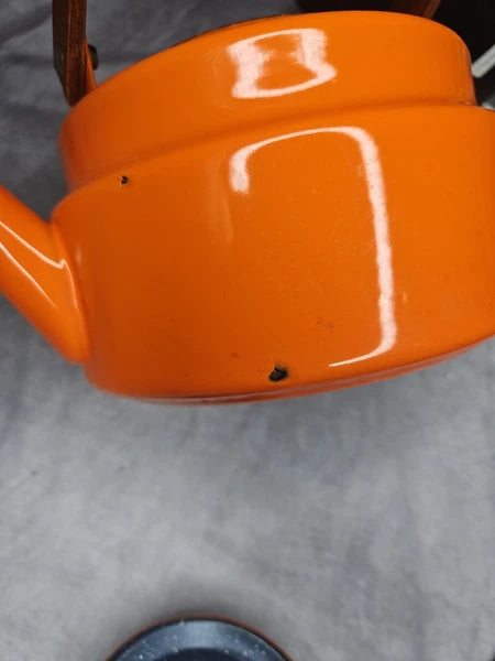 Vintage 70s Orange Enamel Tea Kettle Michael Lax Copco Teak Handle