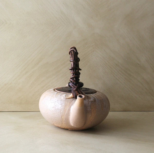 Vtg Asian Chinese Japanese Ceramic Clay Enameled Flat Teapot Kettle Raku Ware?