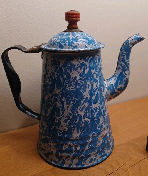 Antique Blue White Swirl Graniteware Enamelware Gooseneck Coffee Tea Pot .