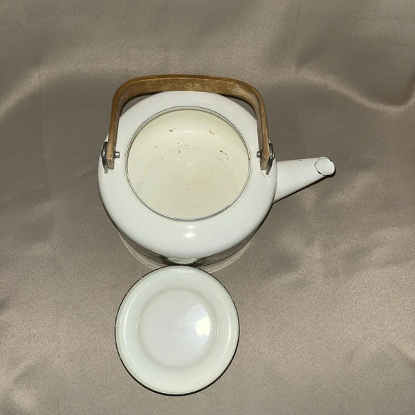 Vintage 80s Enamel Tea Kettle/ Pot With Bamboo Handle Fruit Pattern Cream Color.
