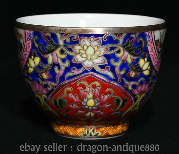 3" Ancient China Qianlong Marked Colour Enamel Porcelain Flower Bird Taecup Pair