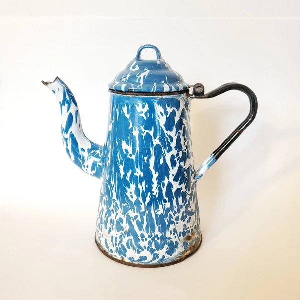 Antique Enamelware Coffee Pot Hinged Lid Seamless Original Turquoise Swirl 9"