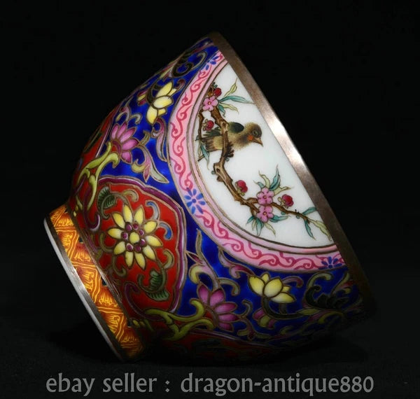 3" Ancient China Qianlong Marked Colour Enamel Porcelain Flower Bird Taecup Pair