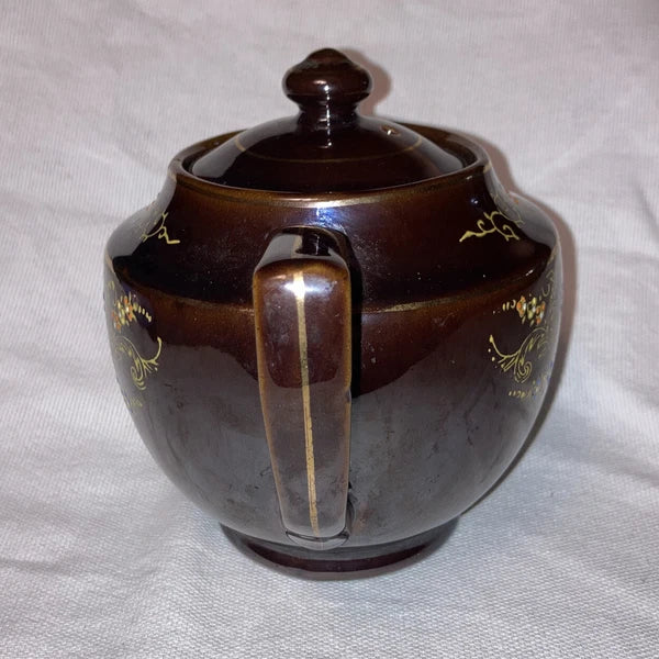 Brown Ceramic Tea Pot with Lid - Gold Trim Enameled Flowers 5 1/2" Made inJapan