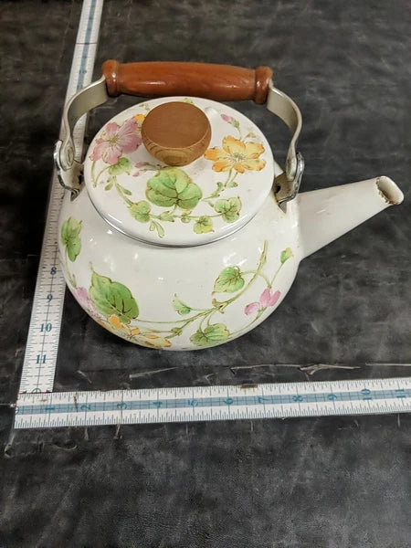 Vintage Enamel Tea Kettle Floral Pattern Wood Handle 8 Cups