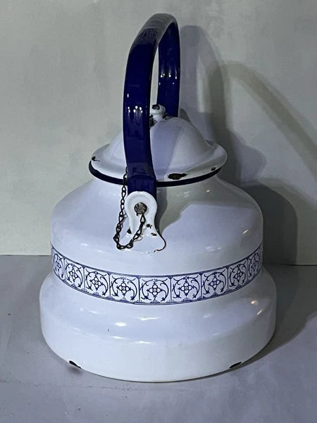 Vintage French Country Enamel tea kettle, "Copenhagen" 1960s Blue White Bistro